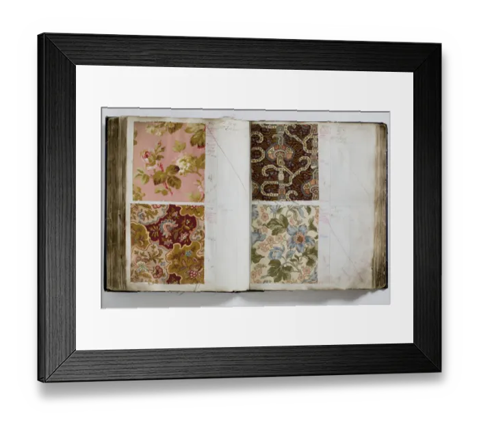 Framed Print : Pages from a book of textile samples, annotated by hand with Framed Print : Pages from a book of textile samples, annotated by hand with