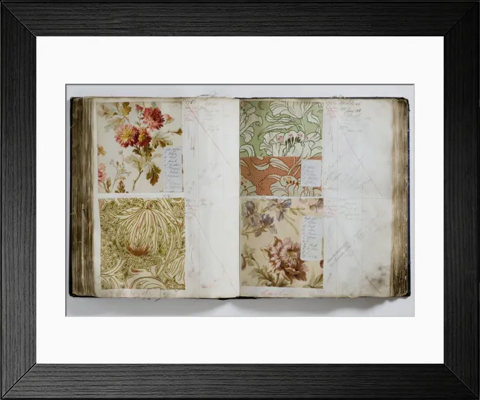 Framed Print : Pages from a book of textile samples, annotated by hand with Framed Print : Pages from a book of textile samples, annotated by hand with