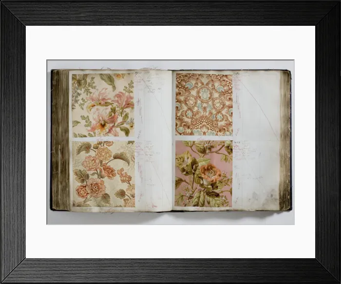 Framed Print : Pages from a book of textile samples, annotated by hand with Framed Print : Pages from a book of textile samples, annotated by hand with