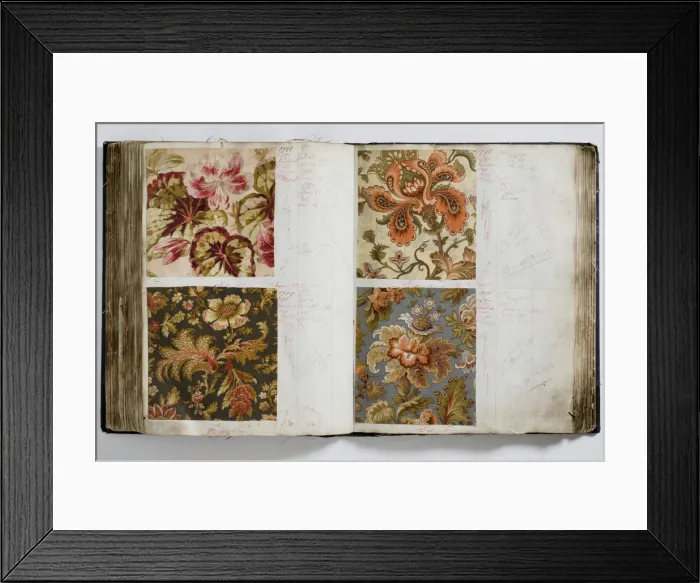 Framed Print : Pages from a book of textile samples, annotated by hand with Framed Print : Pages from a book of textile samples, annotated by hand with