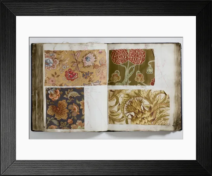 Framed Print : Pages from a book of textile samples, annotated by hand with Framed Print : Pages from a book of textile samples, annotated by hand with