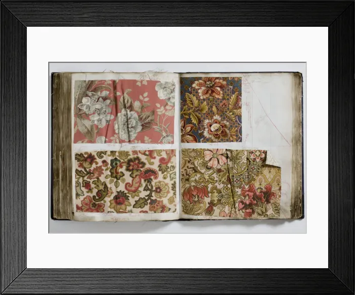 Framed Print : Pages from a book of textile samples, annotated by hand with Framed Print : Pages from a book of textile samples, annotated by hand with