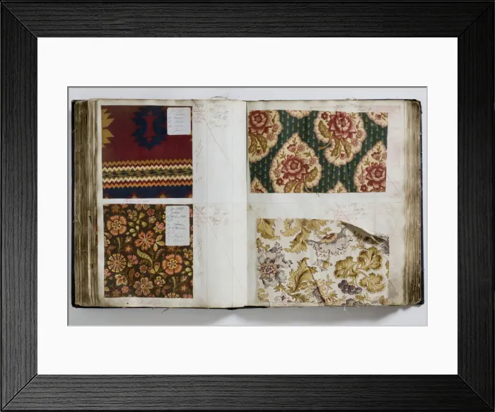 Framed Print : Pages from a book of textile samples, annotated by hand with Framed Print : Pages from a book of textile samples, annotated by hand with