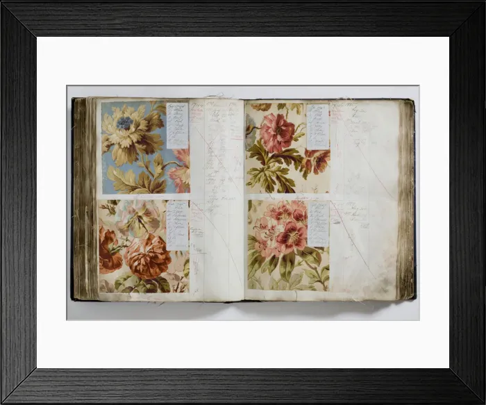 Framed Print : Pages from a book of textile samples, annotated by hand with Framed Print : Pages from a book of textile samples, annotated by hand with