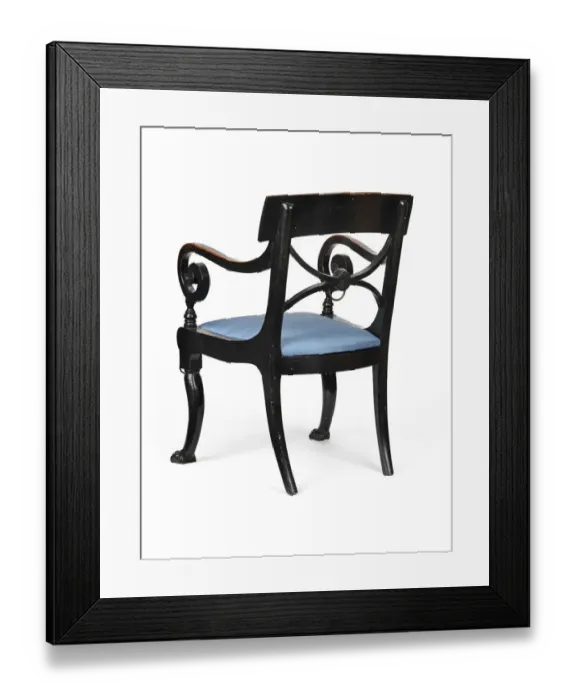 Framed Print : Armchair. Black painted elbow chair made from mahogany Framed Print : Armchair. Black painted elbow chair made from mahogany