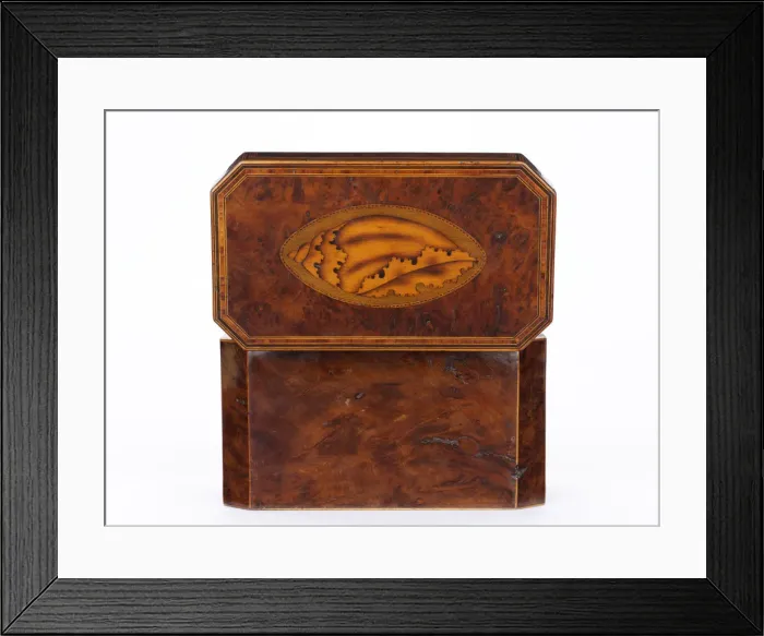 Framed Print : Tea caddy. Burr yew tea caddy of rectangular form with canted corners Framed Print : Tea caddy. Burr yew tea caddy of rectangular form with canted corners