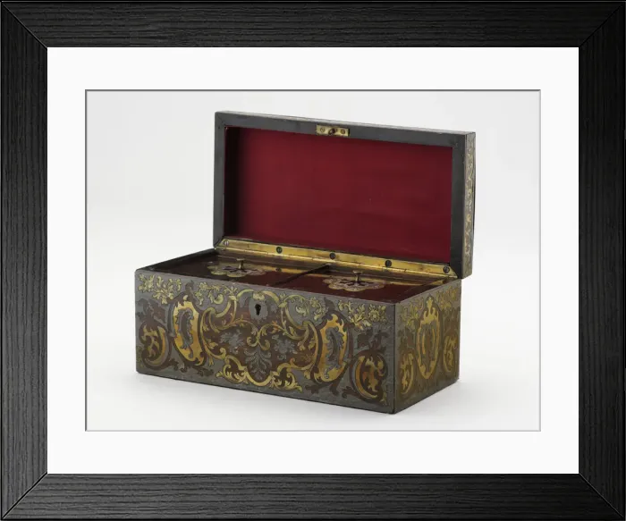 Framed Print : Tea caddy made from mahogany with two internal compartments, inlaid with brass Framed Print : Tea caddy made from mahogany with two internal compartments, inlaid with brass