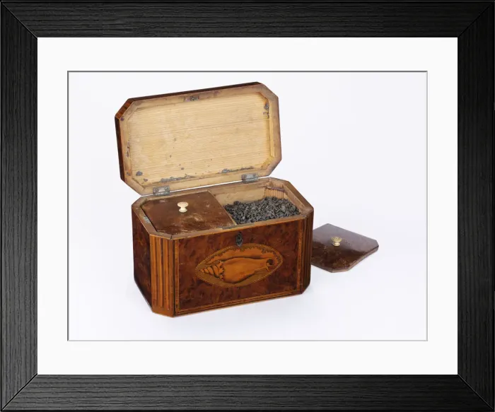 Framed Print : Tea caddy. Burr yew tea caddy of rectangular form with canted corners Framed Print : Tea caddy. Burr yew tea caddy of rectangular form with canted corners