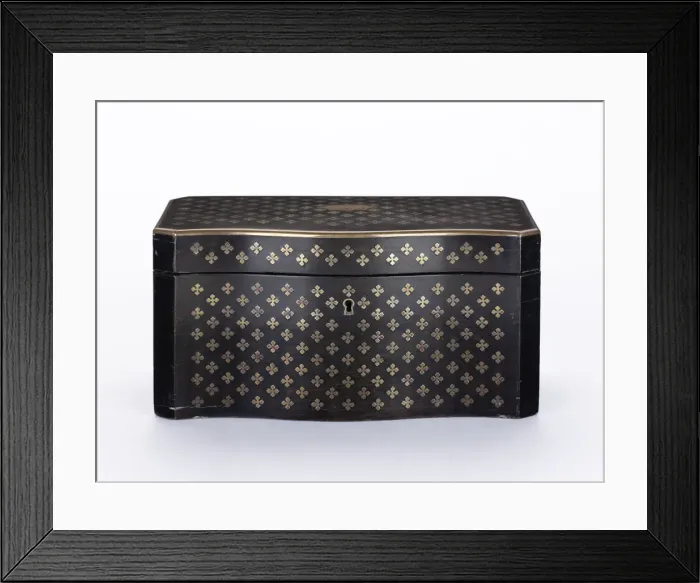 Framed Print : Tea caddy made from ebonised wood inlaid with brass quatrefoils, lined with tulipwood Framed Print : Tea caddy made from ebonised wood inlaid with brass quatrefoils, lined with tulipwood