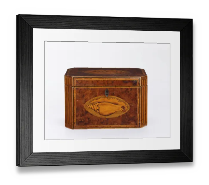 Framed Print : Tea caddy. Burr yew tea caddy of rectangular form with canted corners Framed Print : Tea caddy. Burr yew tea caddy of rectangular form with canted corners