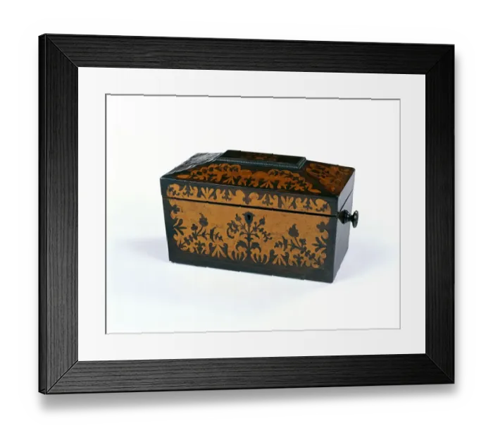Framed Print : Tea caddy. Casket-shaped tea caddy made from wood with inlaid decoration of flowers Framed Print : Tea caddy. Casket-shaped tea caddy made from wood with inlaid decoration of flowers