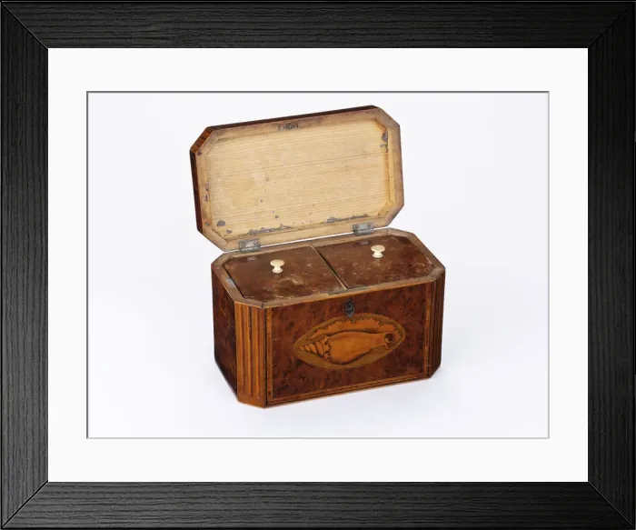 Framed Print : Tea caddy. Burr yew tea caddy of rectangular form with canted corners Framed Print : Tea caddy. Burr yew tea caddy of rectangular form with canted corners