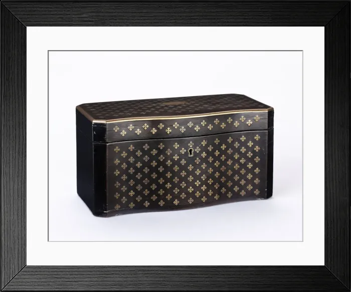Framed Print : Tea caddy made from ebonised wood inlaid with brass quatrefoils, lined with tulipwood Framed Print : Tea caddy made from ebonised wood inlaid with brass quatrefoils, lined with tulipwood