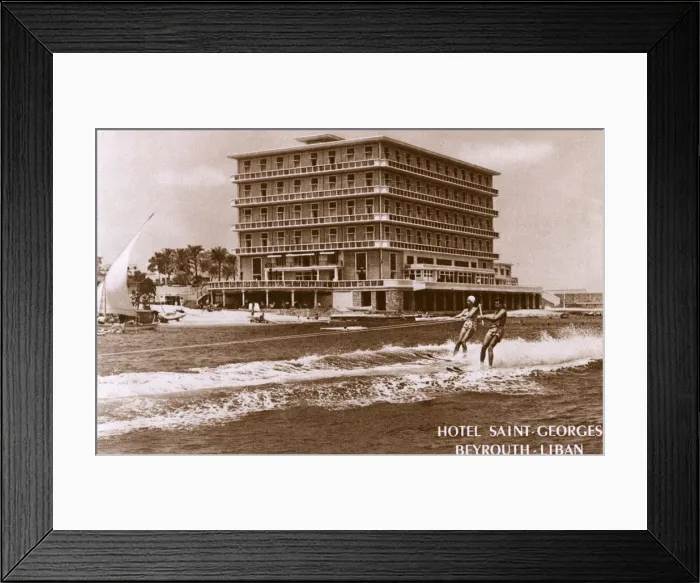 Framed Print : Couple water skiing passed the Hotel Saint Georges, Beirut Framed Print : Couple water skiing passed the Hotel Saint Georges, Beirut