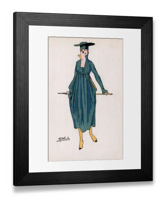 Framed Print : Glamorous French Woman in green ensemble with umbrella Framed Print : Glamorous French Woman in green ensemble with umbrella