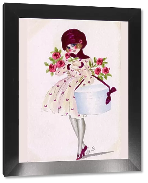 Glamorous French Girl with Roses and a hat box