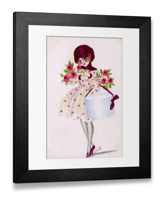 Framed Print : Glamorous French Girl with Roses and a hat box