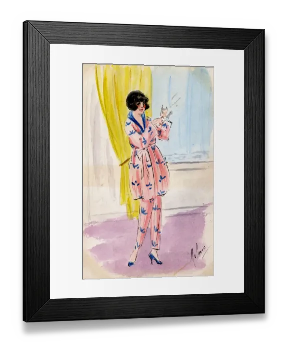 Framed Print : Stylish French Girl in pink and blue pyjamas Framed Print : Stylish French Girl in pink and blue pyjamas