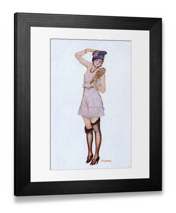 Framed Print : Stylish French Girl in revealing negligee with hand mirror