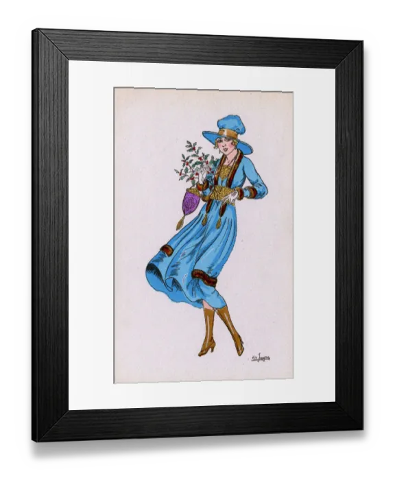 Framed Print : Glamorous French Woman in turquoise ensemble with holly Framed Print : Glamorous French Woman in turquoise ensemble with holly