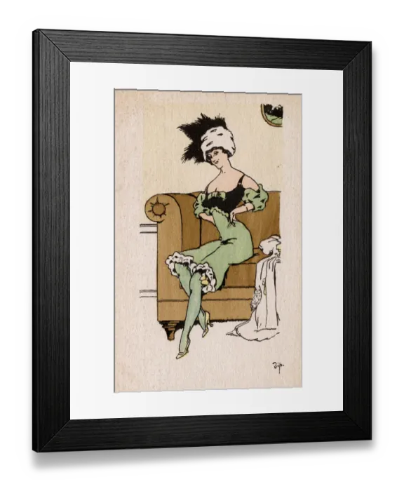 Framed Print : Stylish French Girl in low-cut black and green dress