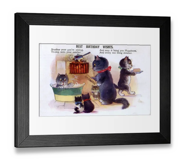 Framed Print : Birthday Greetings postcard - A family of Cats at bathtime Framed Print : Birthday Greetings postcard - A family of Cats at bathtime
