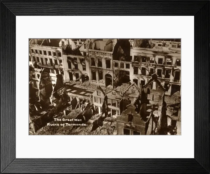 Framed Print : Aerial view of the damaged town centre of Termonde, Belgium Framed Print : Aerial view of the damaged town centre of Termonde, Belgium