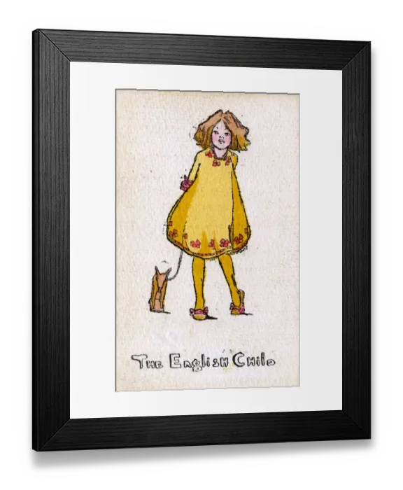Framed Print : The English Child - Young girl in yellow dress - toy horse