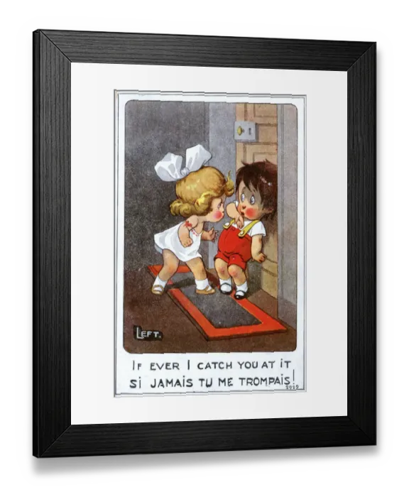 Framed Print : WW1 era Comic Postcard - Little girl threatens her boy Framed Print : WW1 era Comic Postcard - Little girl threatens her boy