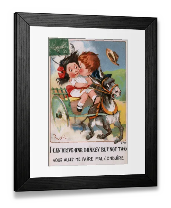 Framed Print : WW1 era Comic Postcard - Boy leans in for a kiss Framed Print : WW1 era Comic Postcard - Boy leans in for a kiss