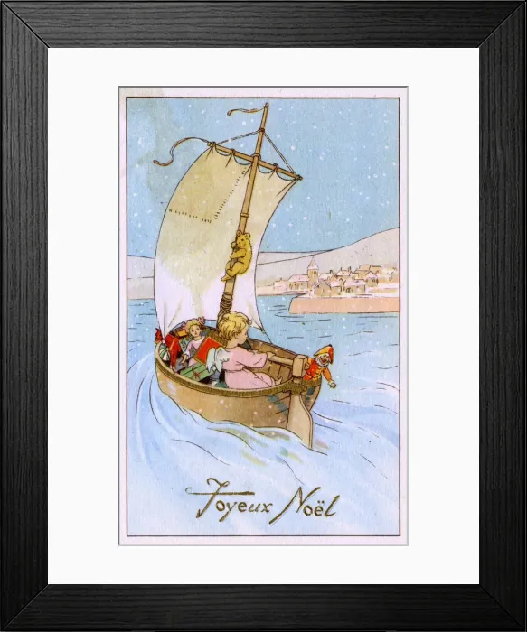 Framed Print : A Christmas Angel sailing into a Port Town with presents Framed Print : A Christmas Angel sailing into a Port Town with presents