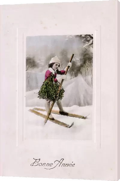 Christmas, Winter - Young girl on Skis brings home Mistletoe