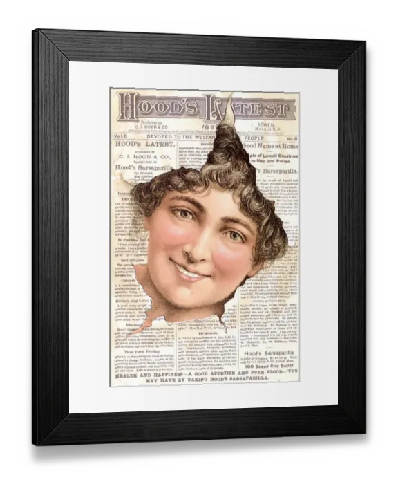 Framed Print : Lady bursts through Hoods Latest Newspaper full of health Framed Print : Lady bursts through Hoods Latest Newspaper full of health