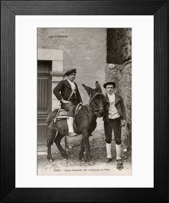 Framed Print : Ossalois Men, one riding on a donkey - Pyrenees, France Framed Print : Ossalois Men, one riding on a donkey - Pyrenees, France