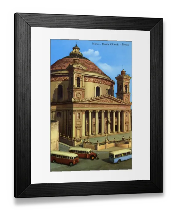 Framed Print : Malta - Mosta Church and Maltese Island Tour Buses Framed Print : Malta - Mosta Church and Maltese Island Tour Buses