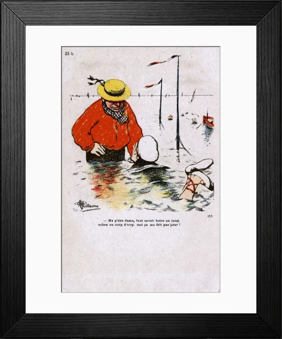Framed Print : Old French Salt teaching a young lady to swim in the sea Framed Print : Old French Salt teaching a young lady to swim in the sea
