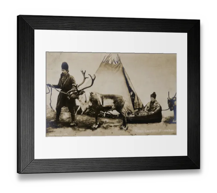 Framed Print : Sami Family, with tent, sled and Reindeer, Finnmark County Framed Print : Sami Family, with tent, sled and Reindeer, Finnmark County