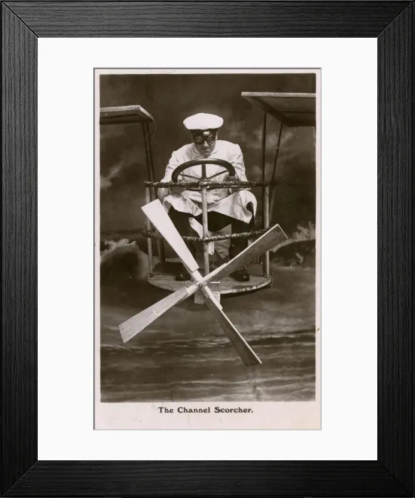 Framed Print : The Channel Scorcher - Fantasy Card showing an Aviator Framed Print : The Channel Scorcher - Fantasy Card showing an Aviator