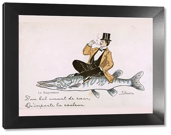French Humorous Postcard - Gent riding a Pike