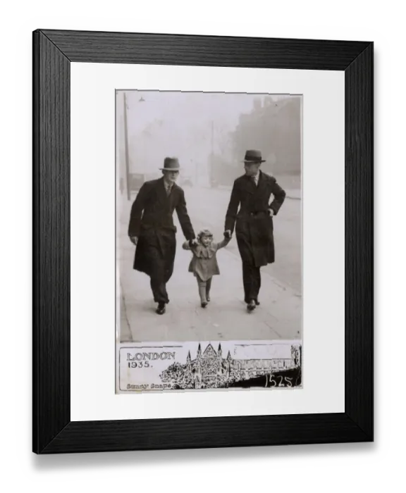 Framed Print : Young girl out for stroll with Father & Grandfather, London Framed Print : Young girl out for stroll with Father & Grandfather, London