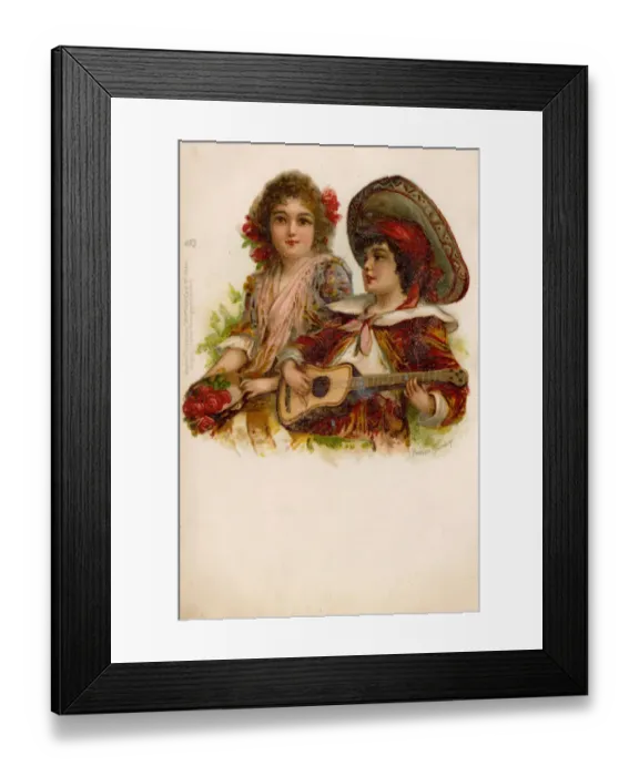 Framed Print : Spanish Children sing and play music - kitsch postcard Framed Print : Spanish Children sing and play music - kitsch postcard