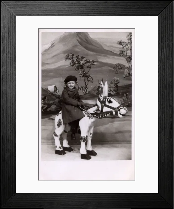 Framed Print : Small boy - Studio photograph - riding Muffin the Mule Model Framed Print : Small boy - Studio photograph - riding Muffin the Mule Model