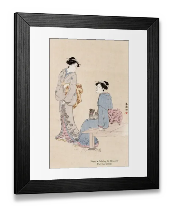 Framed Print : Two women and small black pet dog by Katsukawa Shuncho Framed Print : Two women and small black pet dog by Katsukawa Shuncho