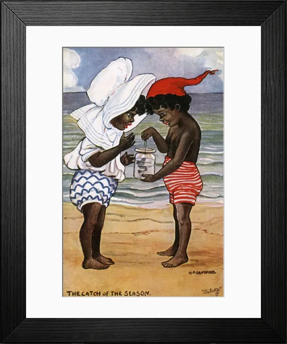 Framed Print : Two little black children on the beach - fish in a jam jar Framed Print : Two little black children on the beach - fish in a jam jar