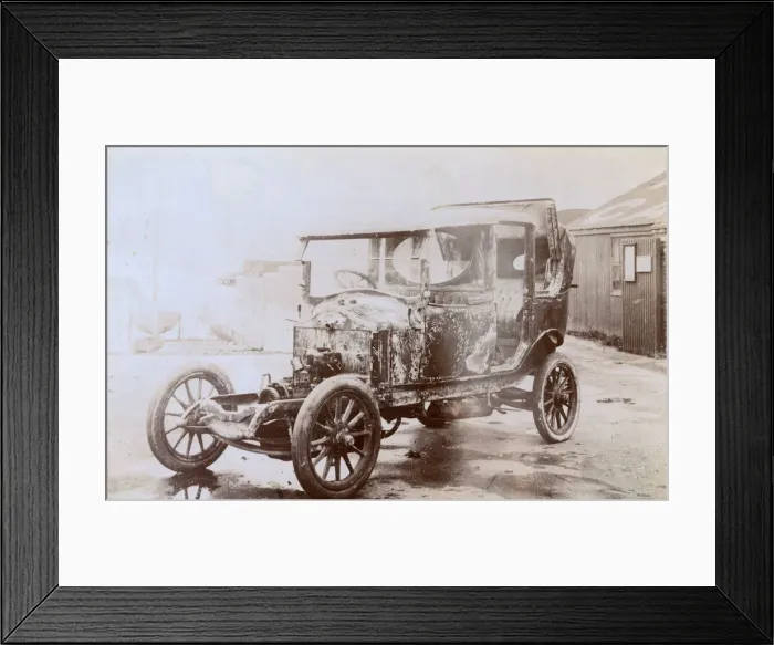 Framed Print : Burnt-out shell of an early motor car Framed Print : Burnt-out shell of an early motor car
