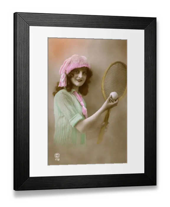 Framed Print : Sporty French Tennis Girl prepares to serve Framed Print : Sporty French Tennis Girl prepares to serve