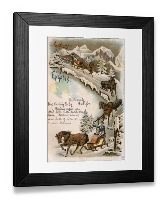 Framed Print : Greetings postcard - Sledges in The Engadin Framed Print : Greetings postcard - Sledges in The Engadin