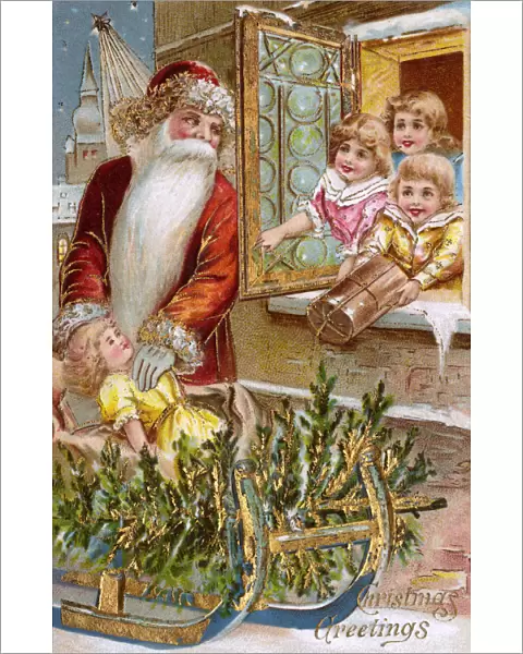 Father Christmas distributing gifts to the town children
