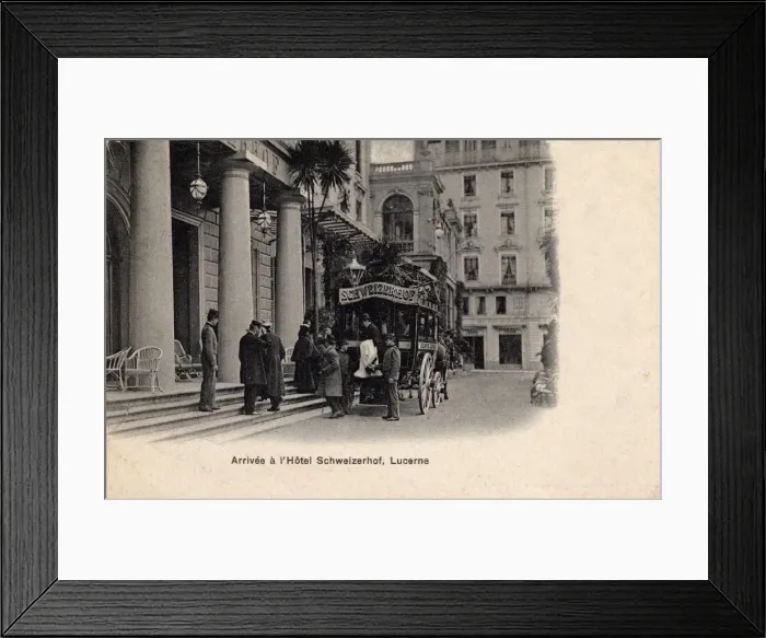 Framed Print : Arrival by private coach at the Hotel Schweizerhof, Luzern Framed Print : Arrival by private coach at the Hotel Schweizerhof, Luzern