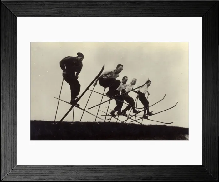Framed Print : Ski Jumpers or Downhill ski racers limbering up - Germany Framed Print : Ski Jumpers or Downhill ski racers limbering up - Germany
